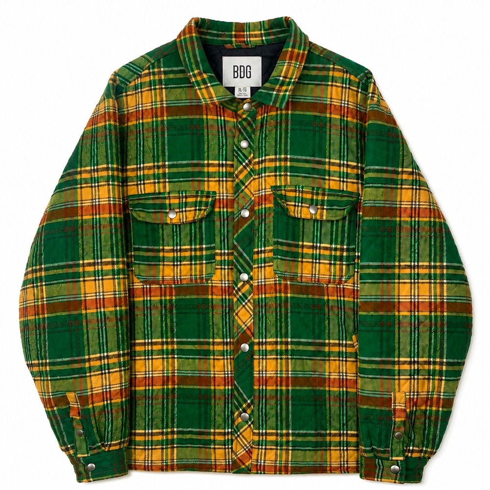 BDG Jacket Mens XL Urban Outfitters Quilted Plaid Loud Madras Snap Front Shacket